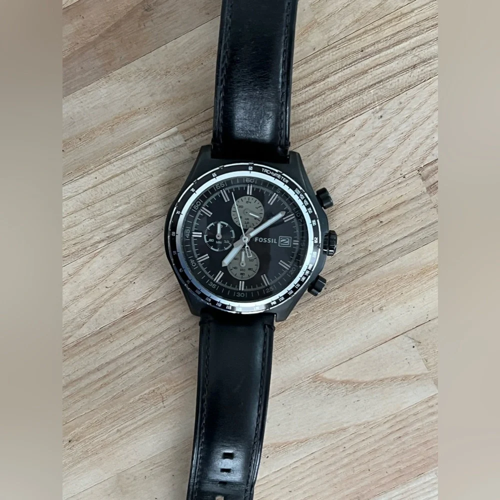 Fossil Men’s Watch Chronograph Black Leather Strap Black Dial Stainless Case